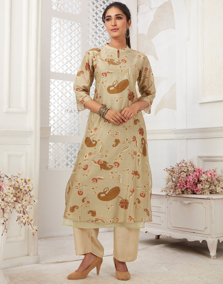 MBZ Meena Bazaar-Beige Cotton Chanderi Kurti