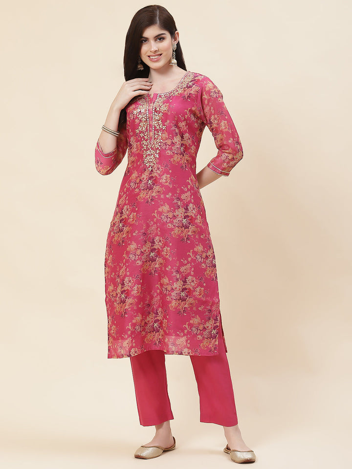 Printed Chanderi Kurta With Pants