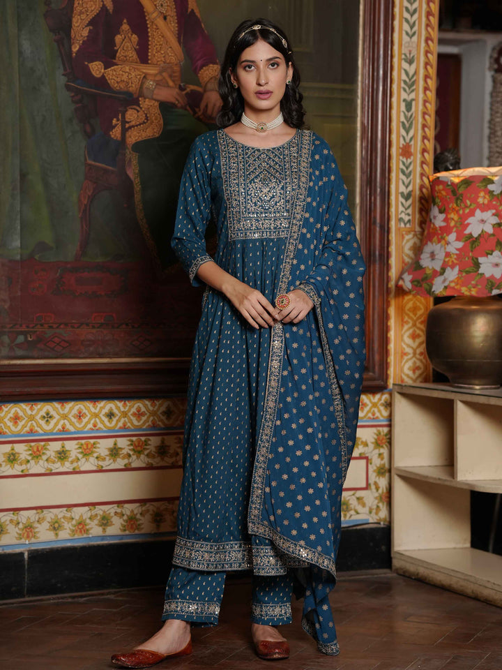 Neck Embroidered Cotton Kurta With Palazzo &amp; Dupatta