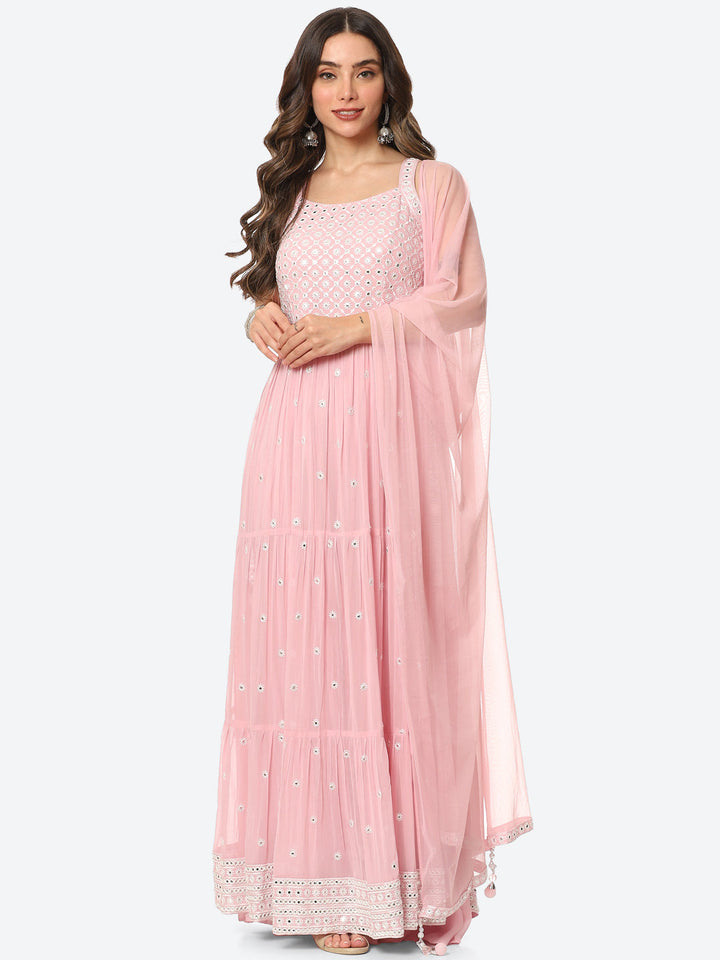 Resham Mirror Georgette Kurta With Palazzo &amp; Net Dupatta
