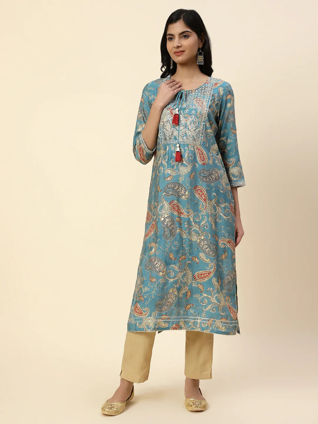 Printed With Yoke Embroidered Muslin Kurta