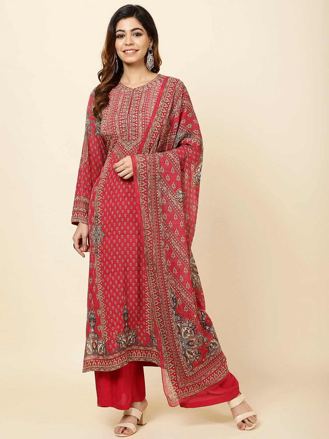 Digitally Printed Crepe Kurta With Palazzo &amp; Dupatta