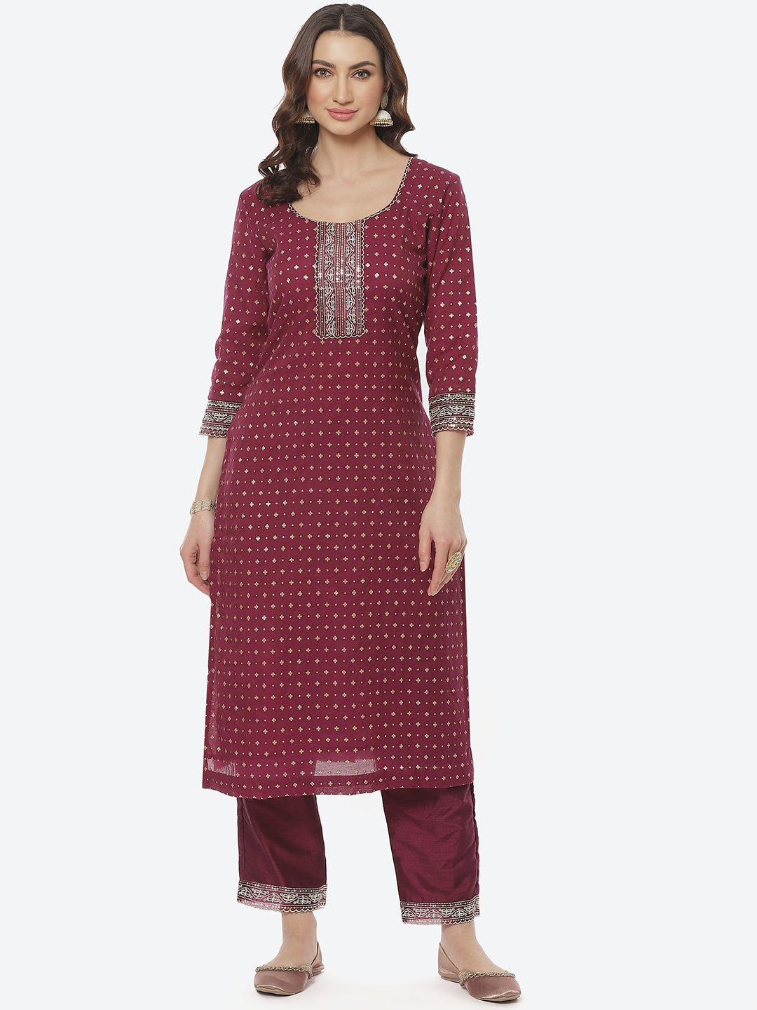 Sequence Neck Zari Embroidered Cotton Kurti With Pant