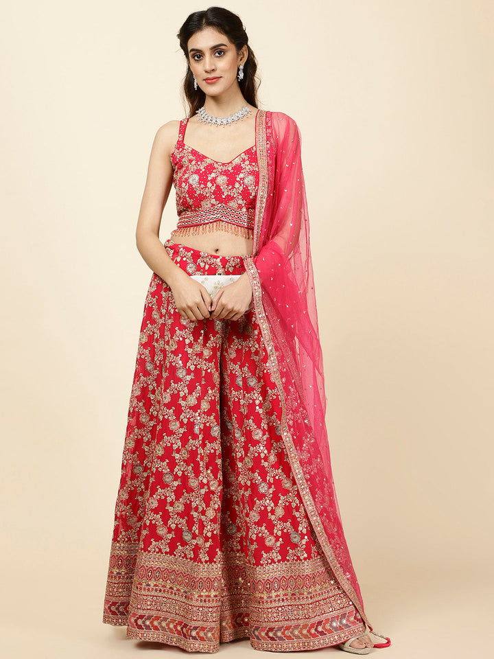 Zari Embroidered Georgette Crop Top With Palazzo &amp; Dupatta