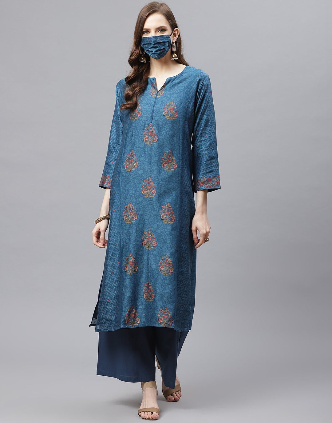 Blue Straight Cotton Chanderi Kurta with Plazzo Set