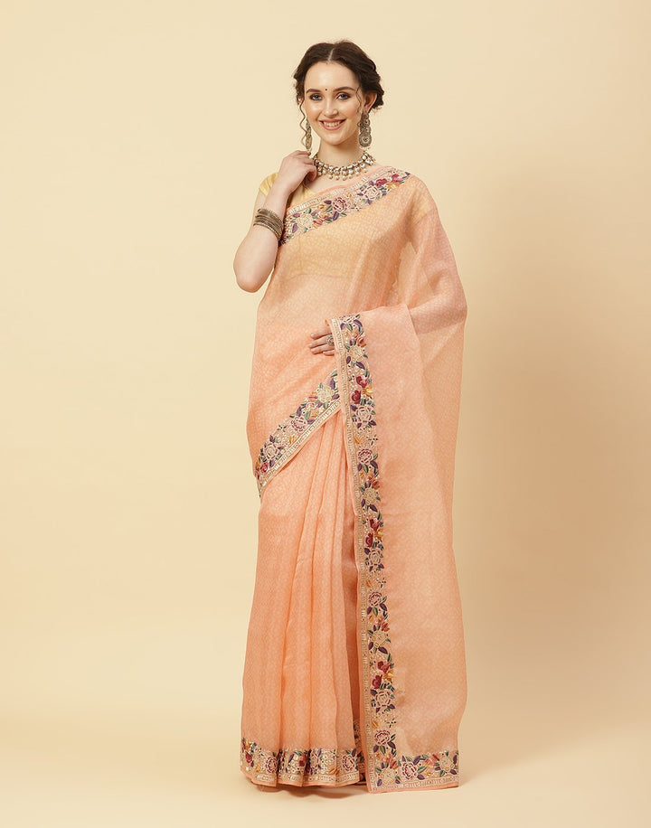 Printed Organza Kora Saree With Embroidered Border