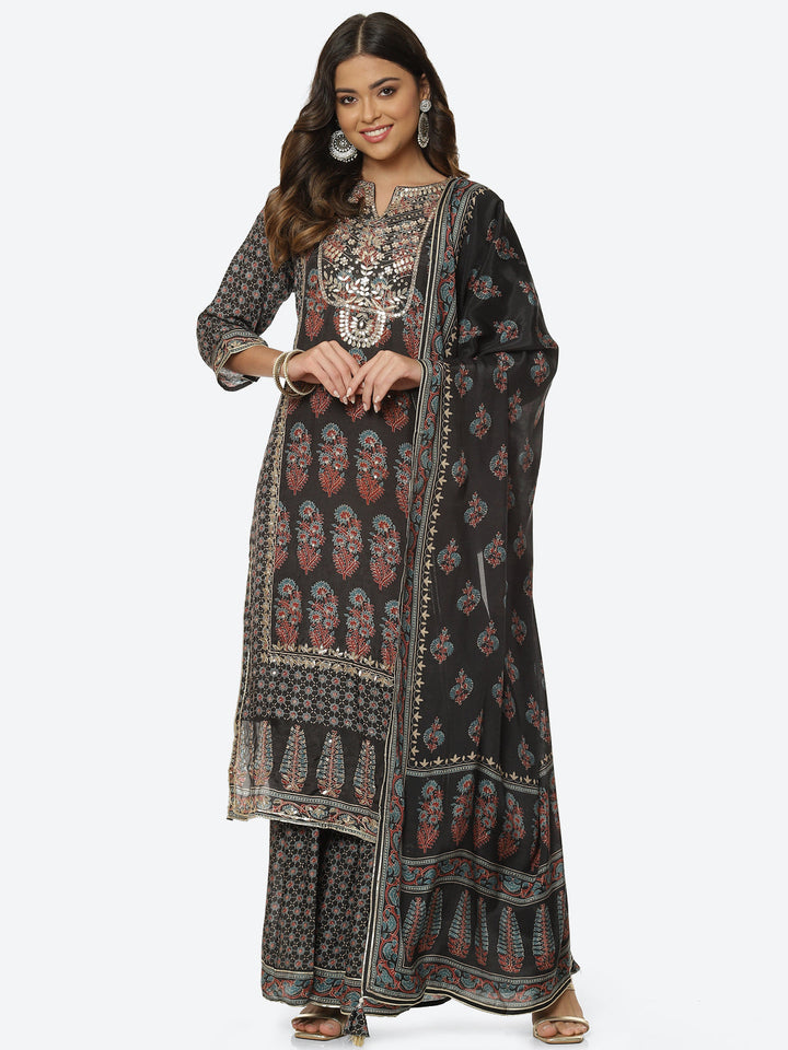 Gota Neck Printed Cotton Kurta With Garara &amp; Dupatta