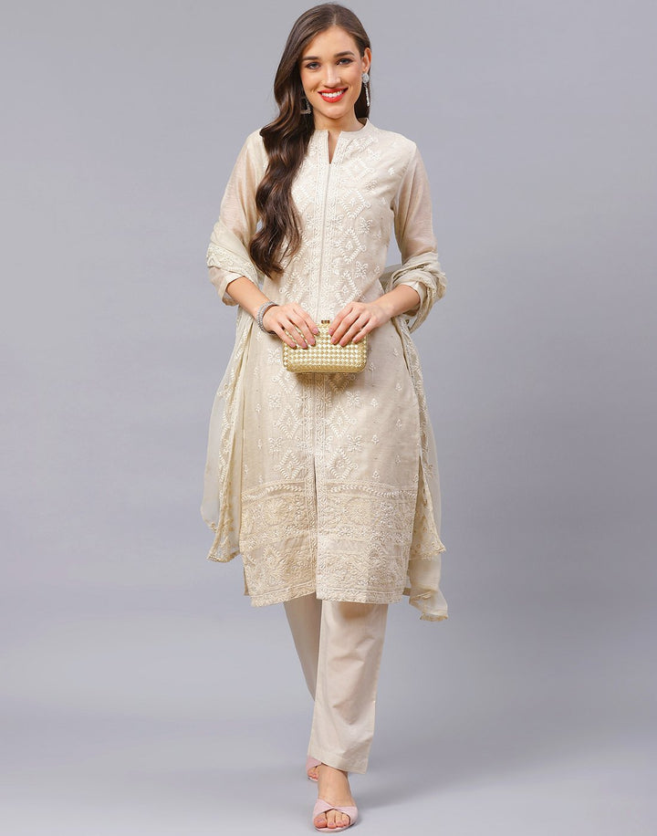 Beige Straight Chanderi Salwar Kameez Stitched Suit