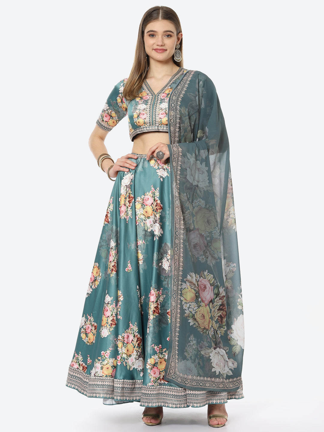 Floral Digital Printed Satin Choli With Lehenga &amp; Crepe Dupatta