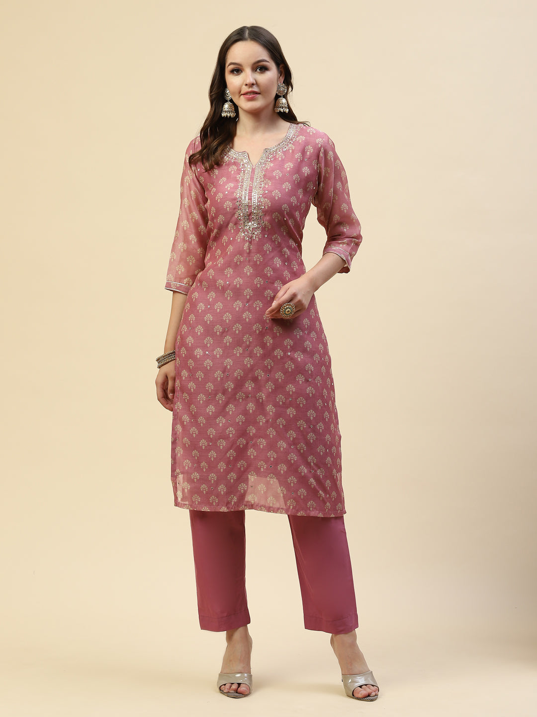 Neck Embroidered Chanderi Kurta With Pants