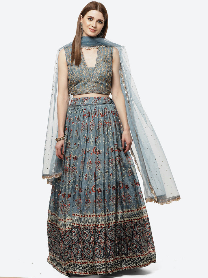Printed Paisley Crepe Lehenga With Choli And Net Dupatta