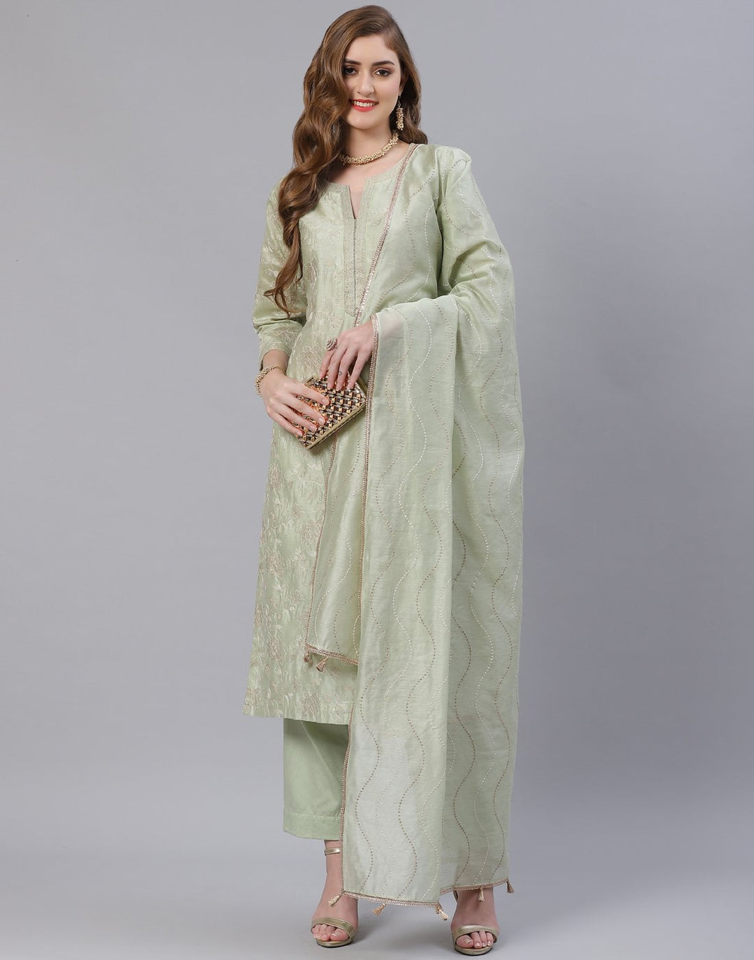 Peach and Sea Green Cotton Chanderi Salwar Kameez Stitched Suit