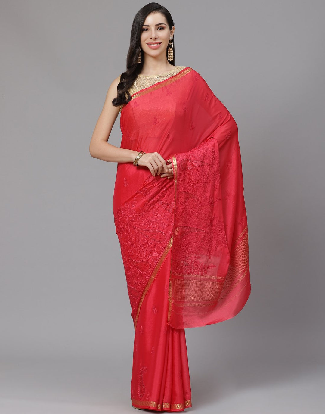 Thread Work Semi Crepe Saree With Zari Border