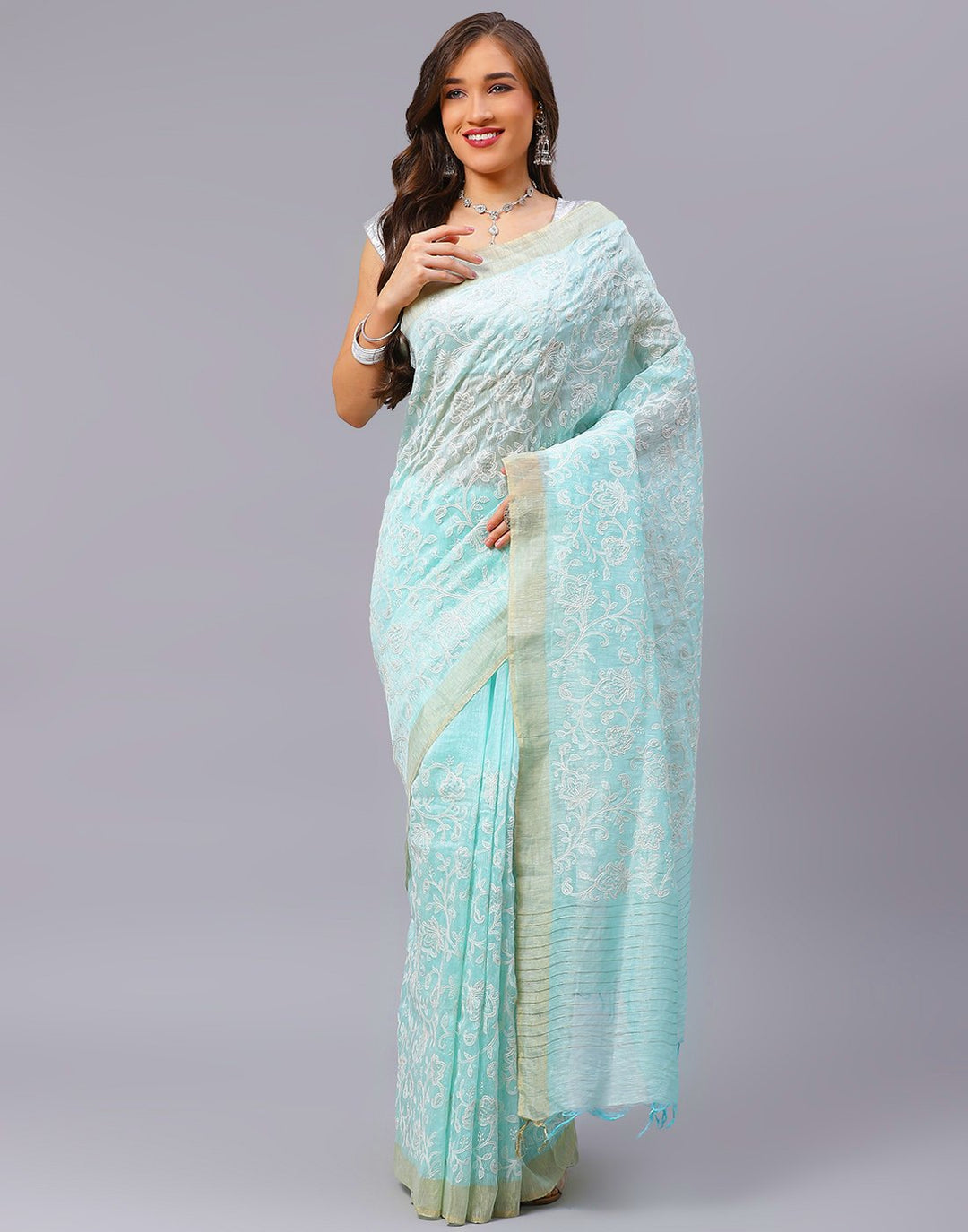 Embroidery Firozee and Grey Saree