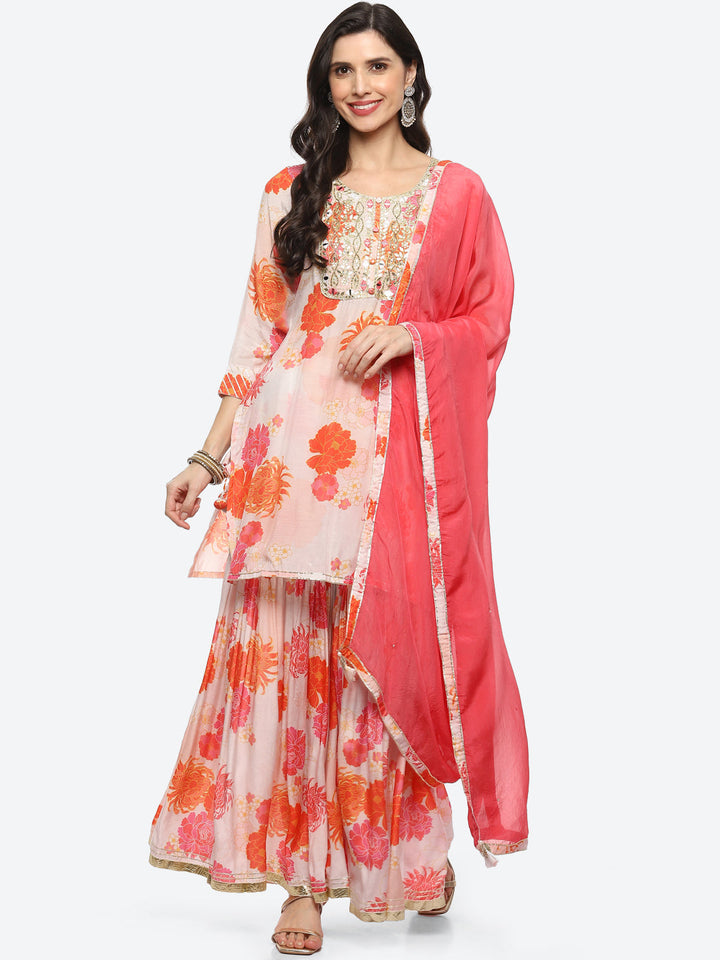 Floral Printed Cotton Kurta With Garara &amp; Dupatta