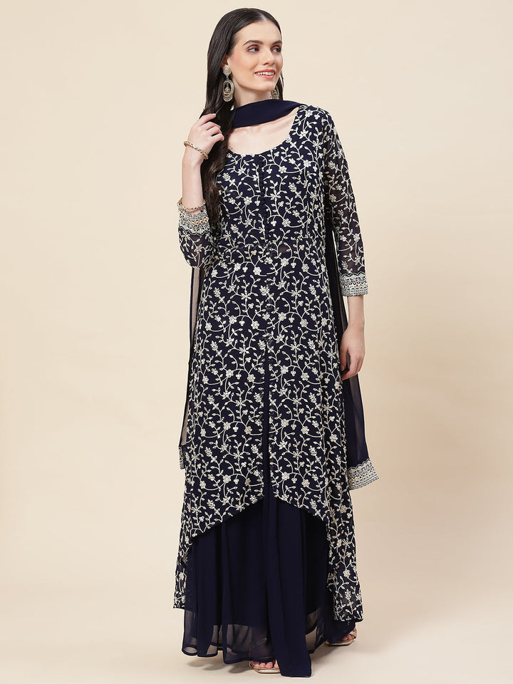 Embroidered Georgette Kurta With Palazzo &amp; Dupatta