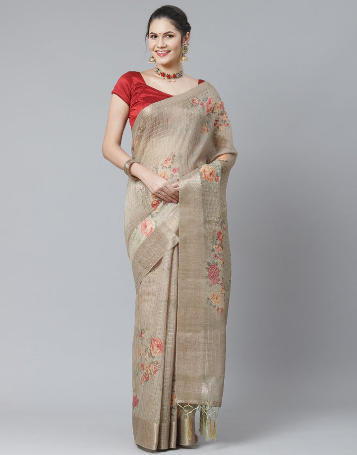 Floral Print Cotton Linen Saree