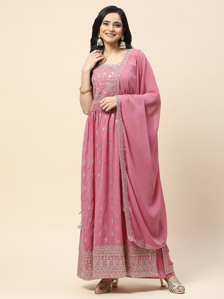 Zari Booti Embroidered Georgette Kurta With Palazzo &amp; Dupatta