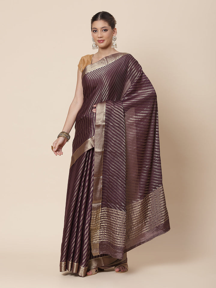 Striped Brocade Georgette Plain Saree