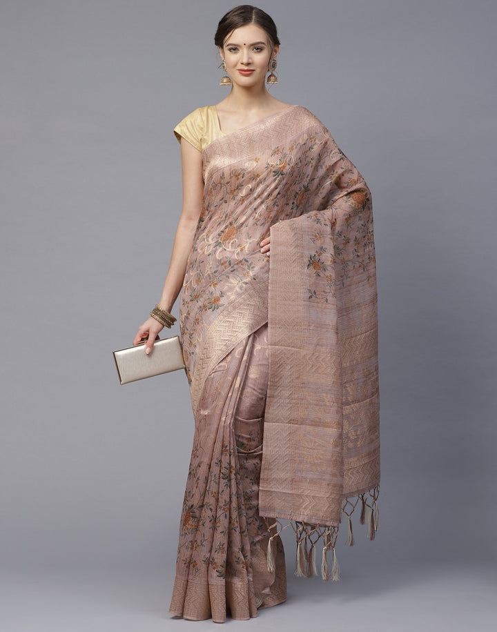 Floral Print  With Zari Border Linen Saree