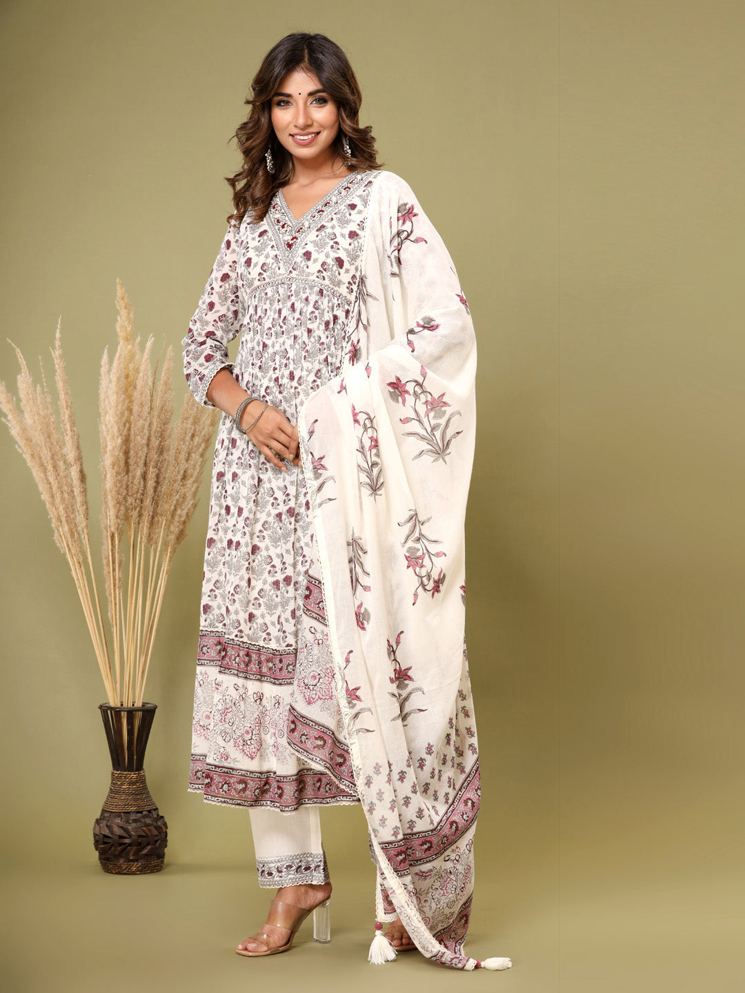 Printed Cotton Kurta With Pants &amp; Dupatta