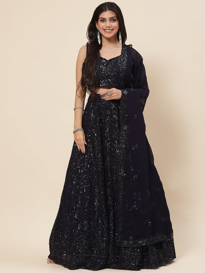 Sequin Resham Embroidered Georgette Choli With Lehenga &amp; Dupatta