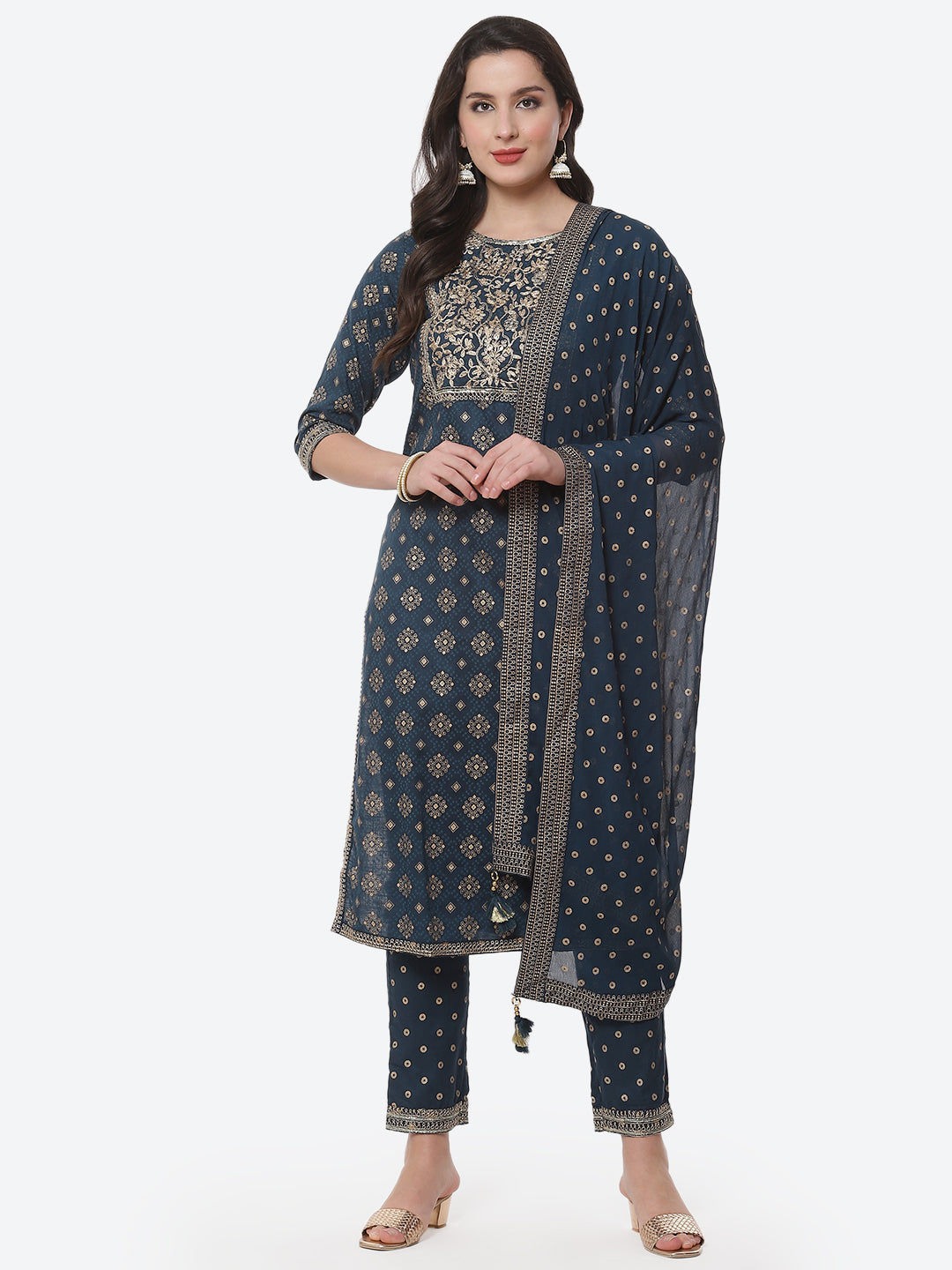 Zari Work Cotton Muslin Kurti Printed Pant And Dupatta