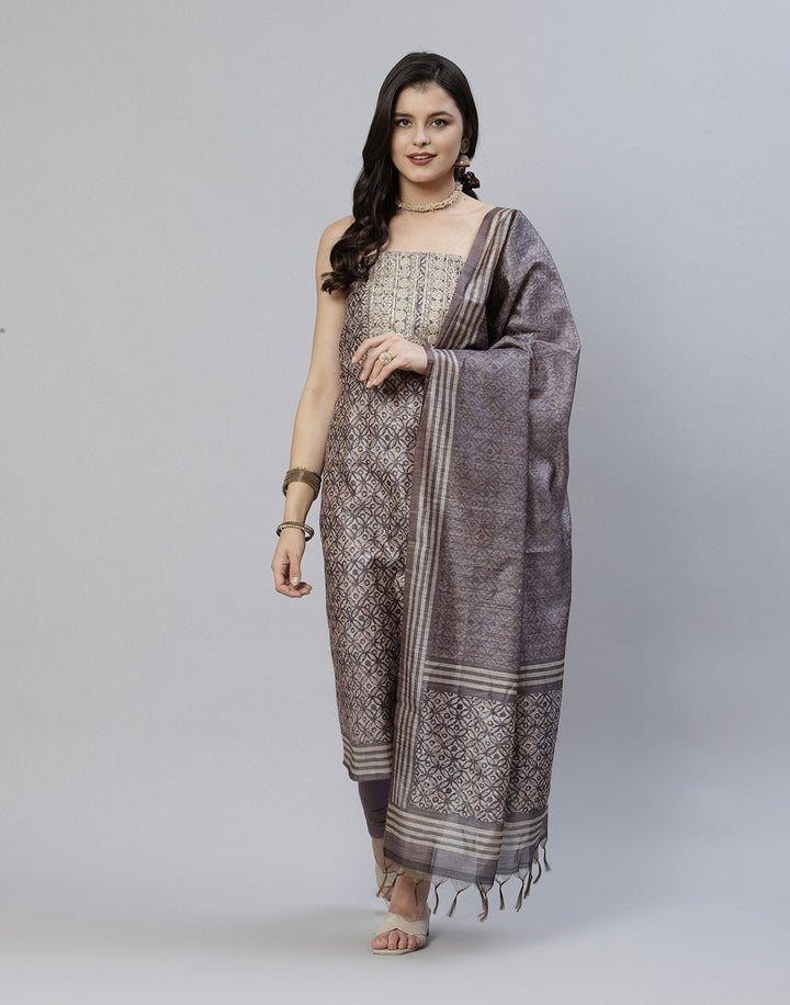 Printed Chanderi Suit Piece With Embroidered Yoke