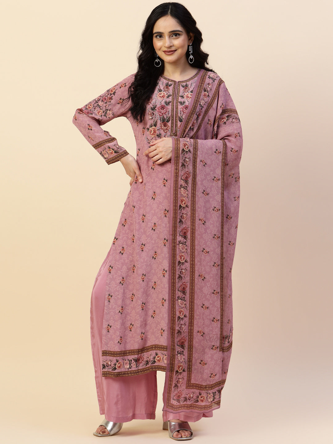Digital Printed Crepe Kurta With Palazzo &amp; Dupatta