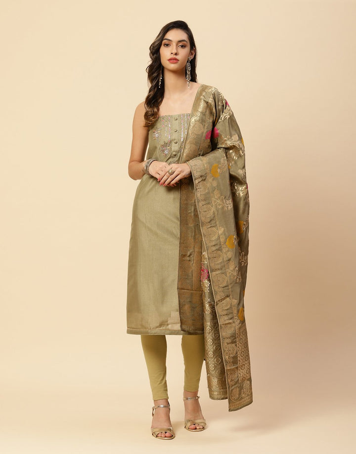 Embroidered Chanderi Suit Piece With Banarasi Dupatta