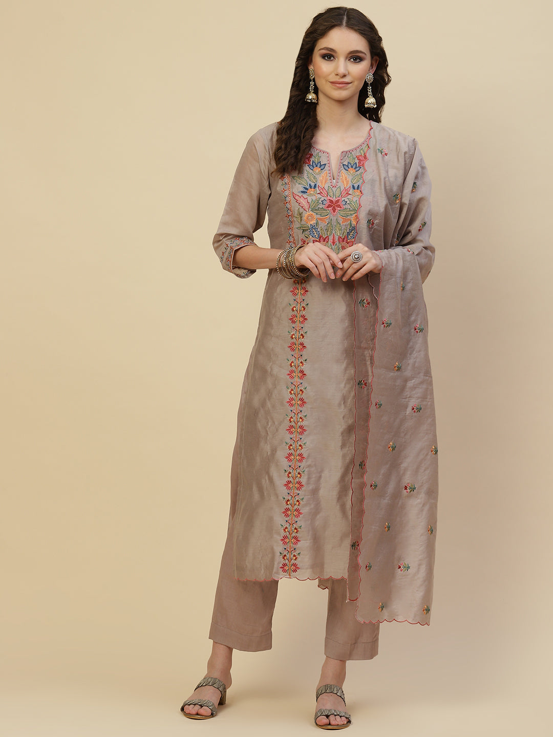 Floral Resham Booti Cotton Kurta With Pants &amp; Dupatta