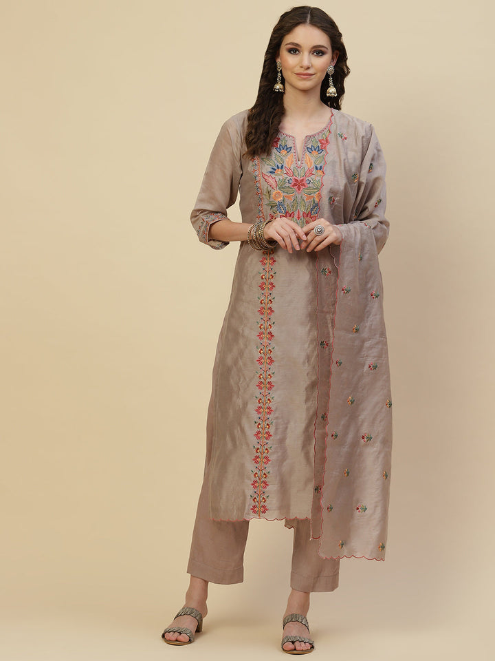 Floral Resham Booti Cotton Kurta With Pants &amp; Dupatta
