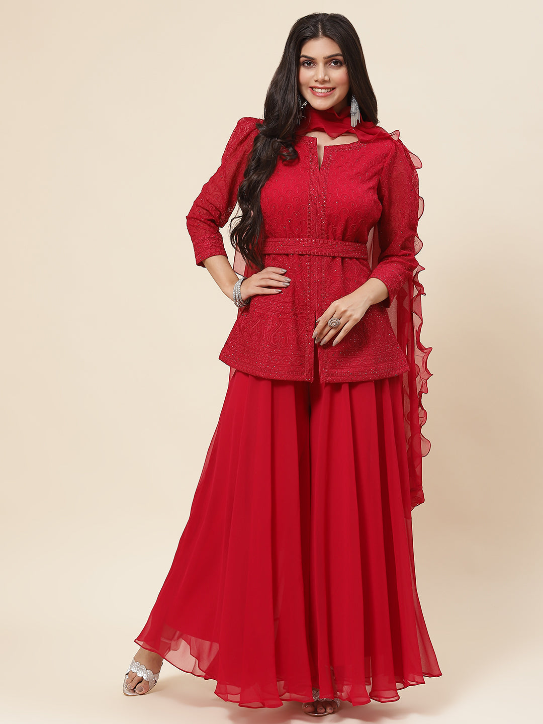 Resham Embroidered Georgette Kurti With Palazzo & Dupatta