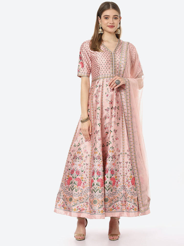 Digital Floral Printed Anarkali Kurta With Churidar &amp; Net Dupatta