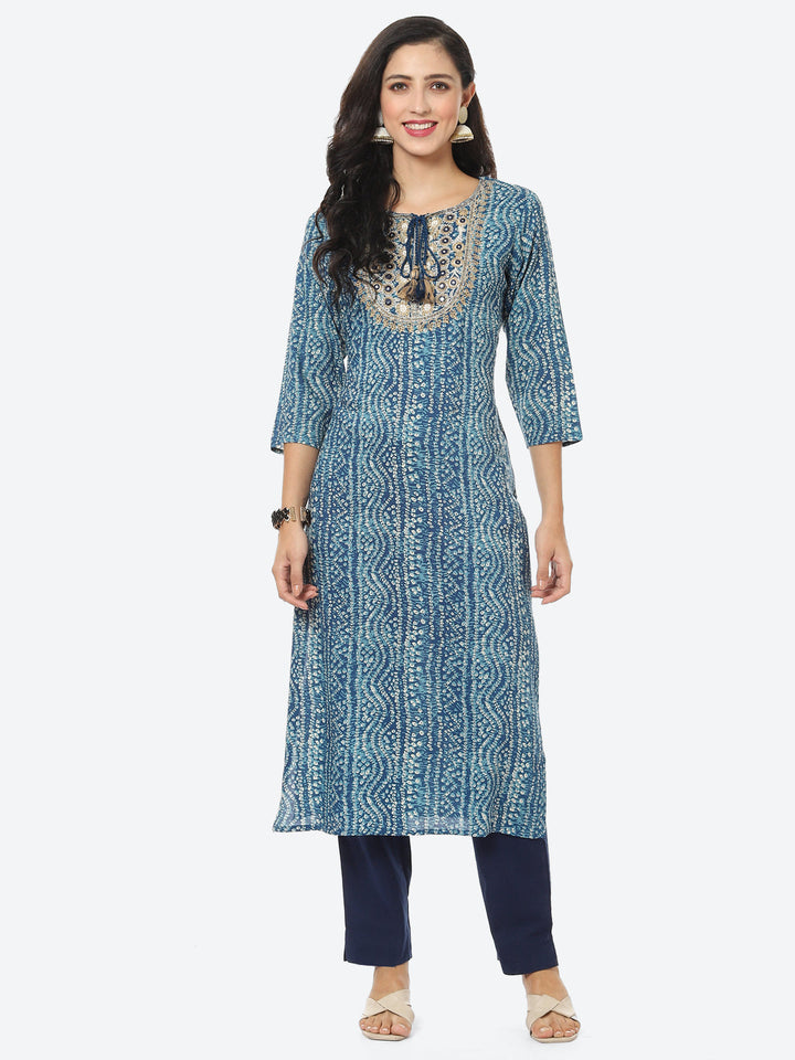 Yoke Embroided Bandhani Printed Cotton Kurti