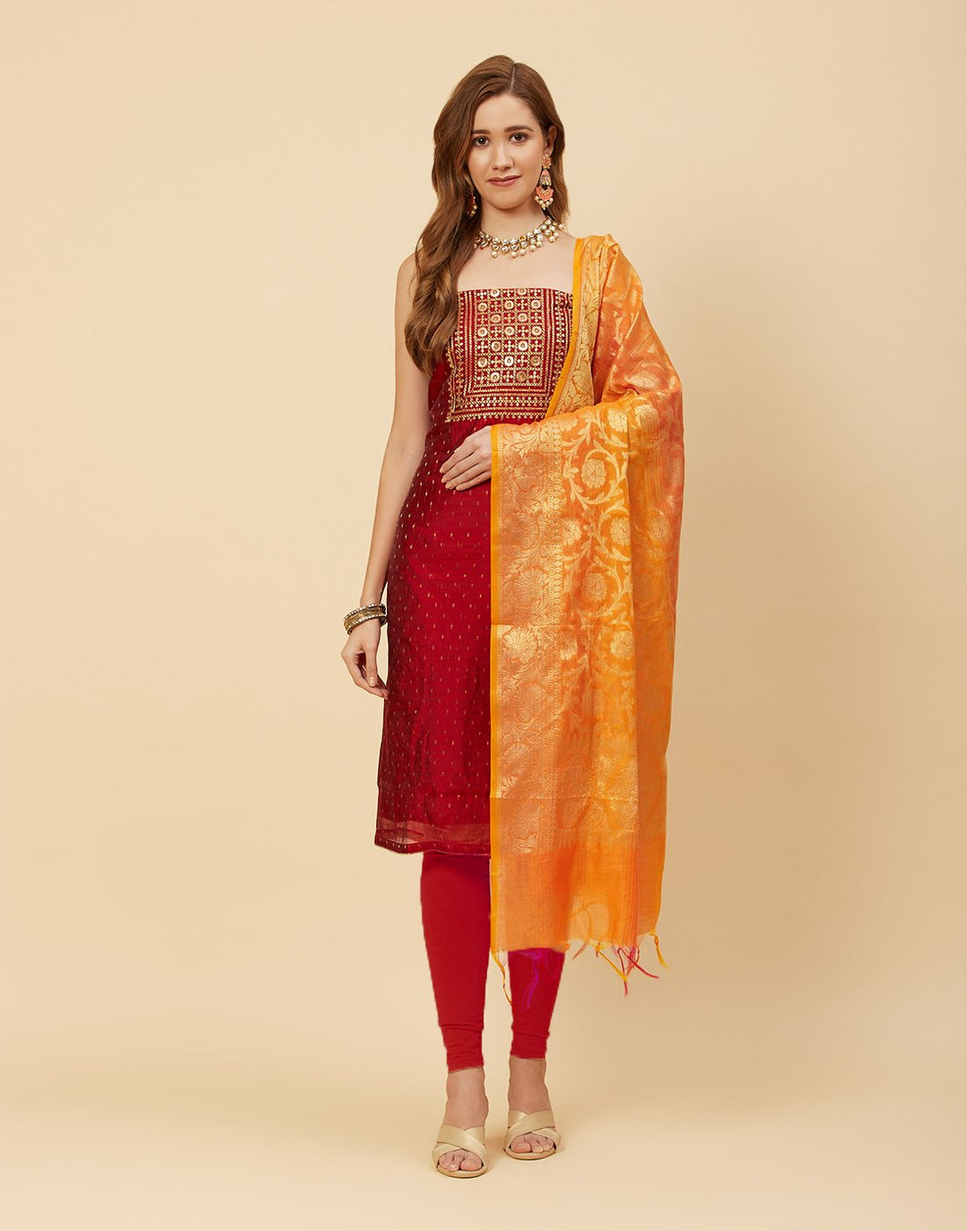 Embroidered Chanderi Suit Piece With Banarasi Dupatta