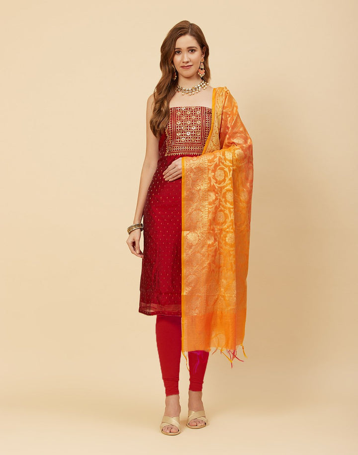 Embroidered Chanderi Suit Piece With Banarasi Dupatta