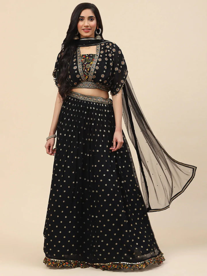 Sequin Embroidered Georgette Choli With Lehenga &amp; Dupatta
