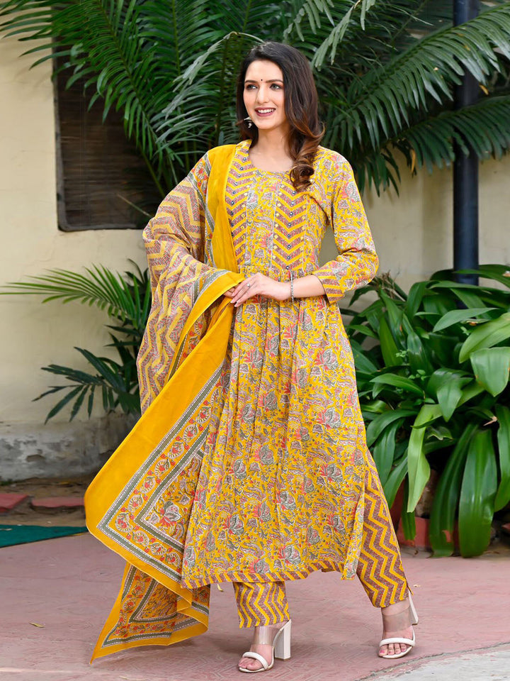 Floral Printed Cotton Kurta With Pants &amp; Dupatta