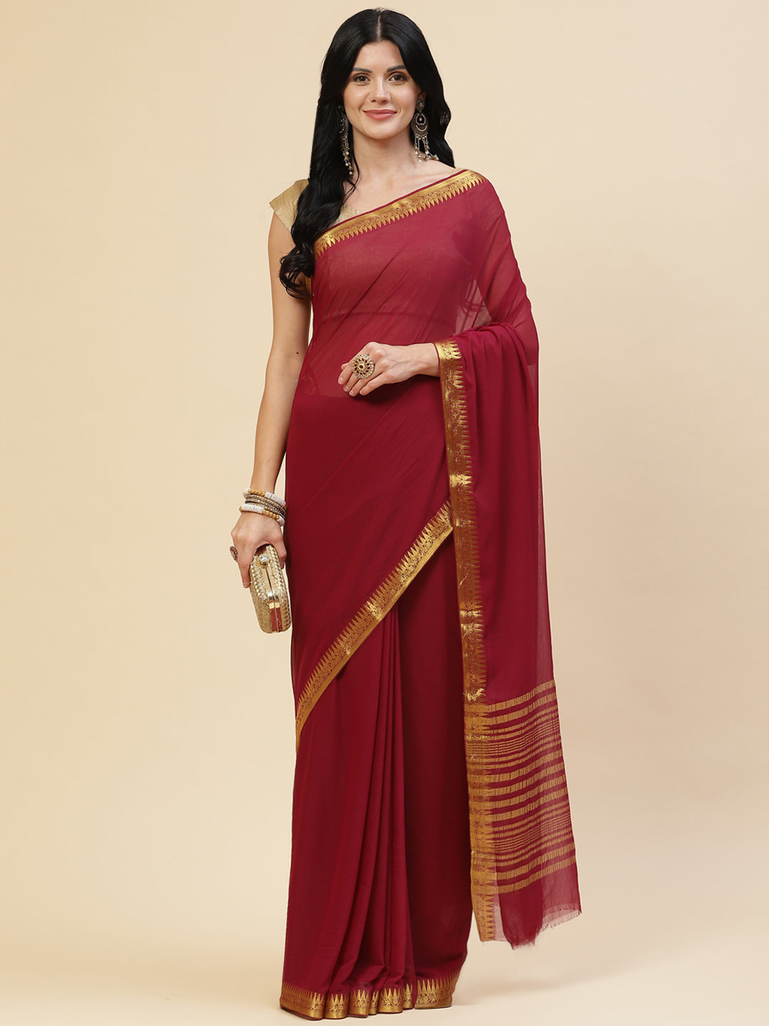 Plain Zari Border Chiffon Saree