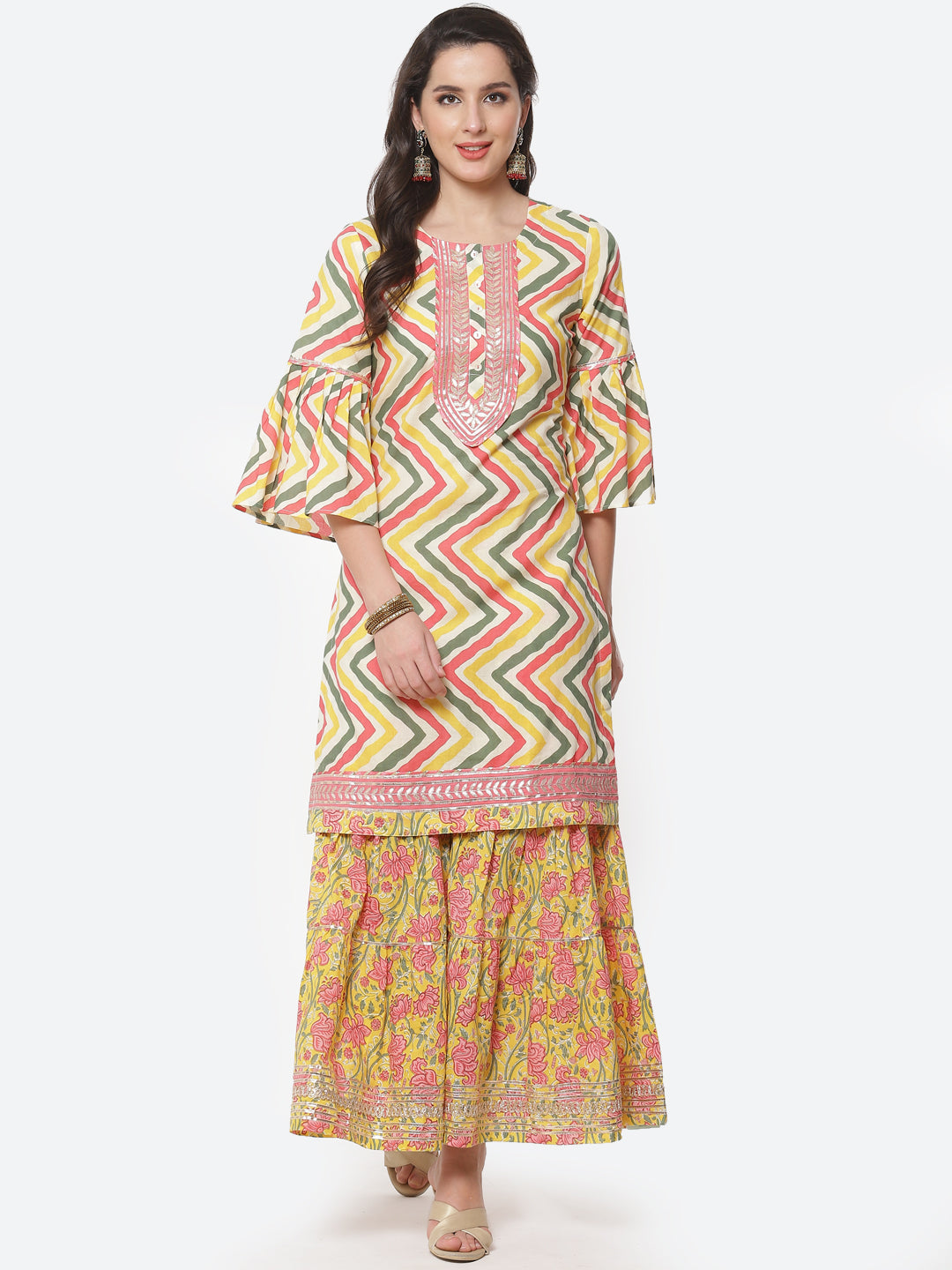 Leheriya Printed Gota Work Cotton Kurti With Sharara