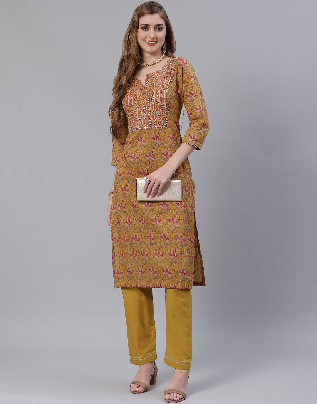 Printed Cotton Gota Trim Kurti Pant Set