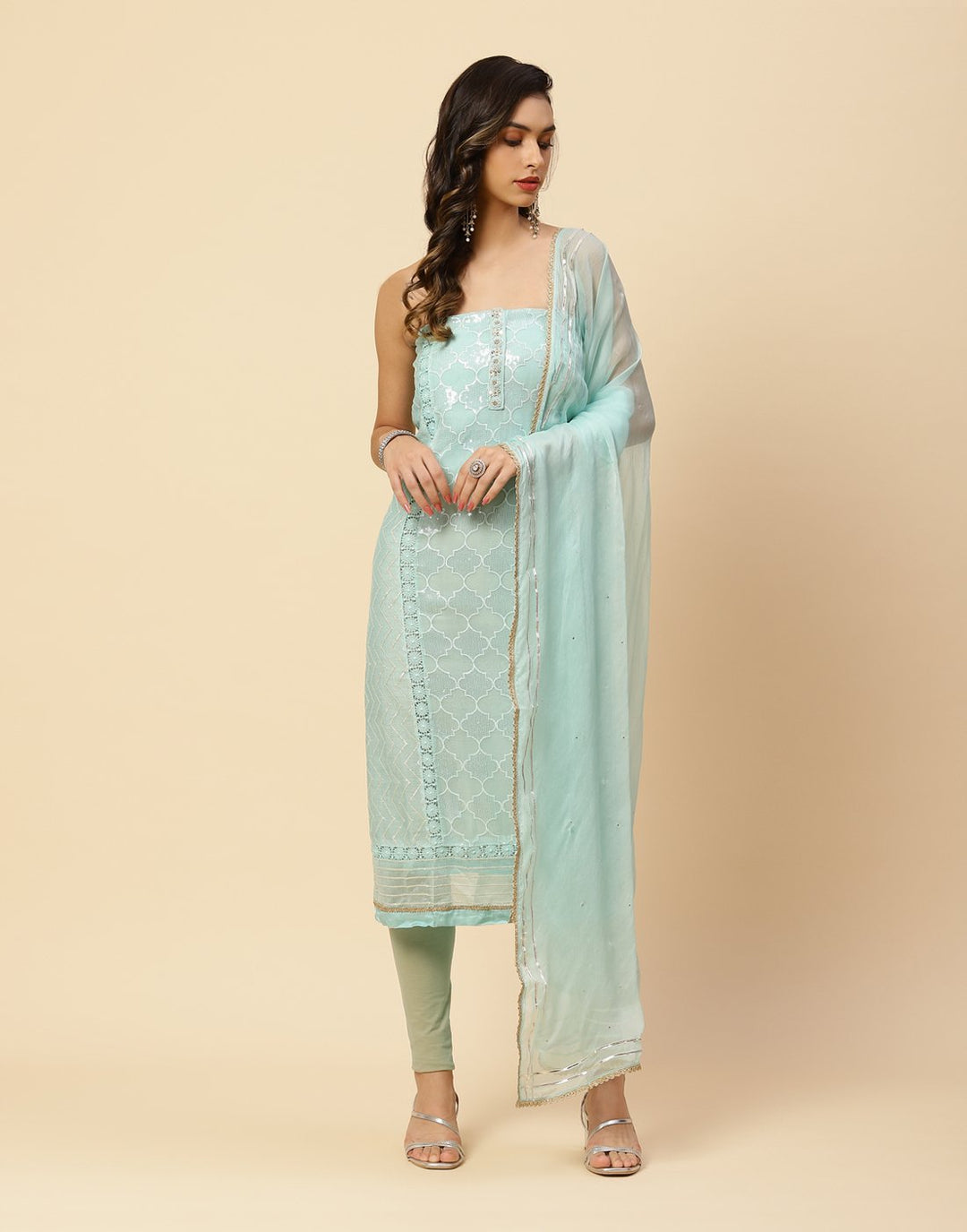 Embroidered Chanderi Suit Piece With Chiffon Dupatta