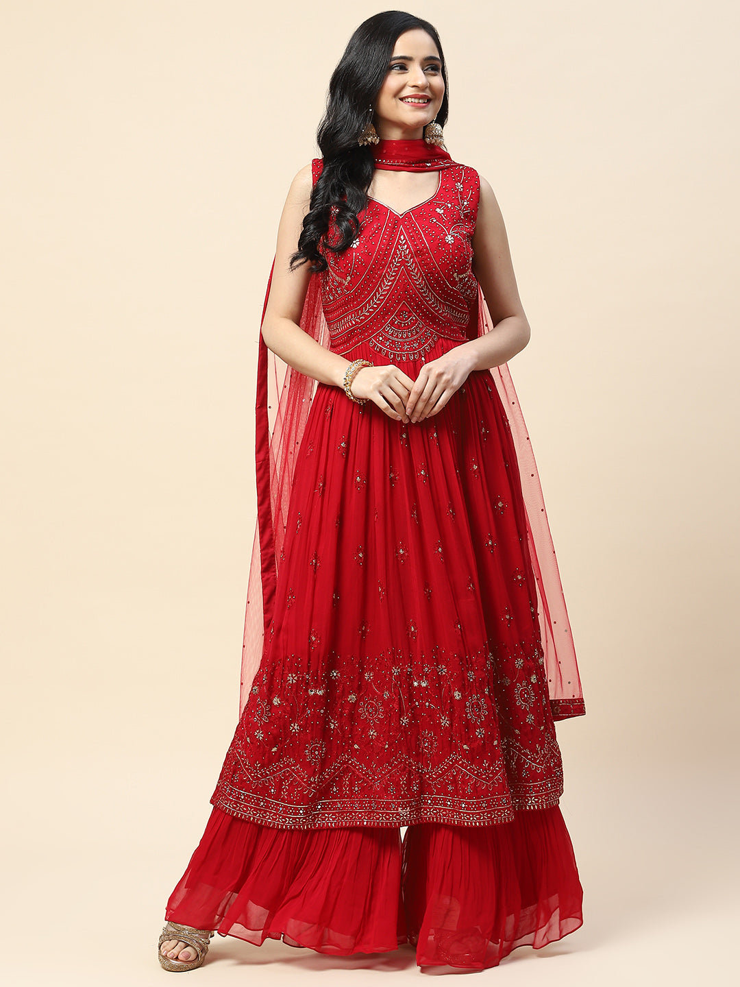 Resham Booti Embroidered Georgette Kurta With Palazzo &amp; Dupatta