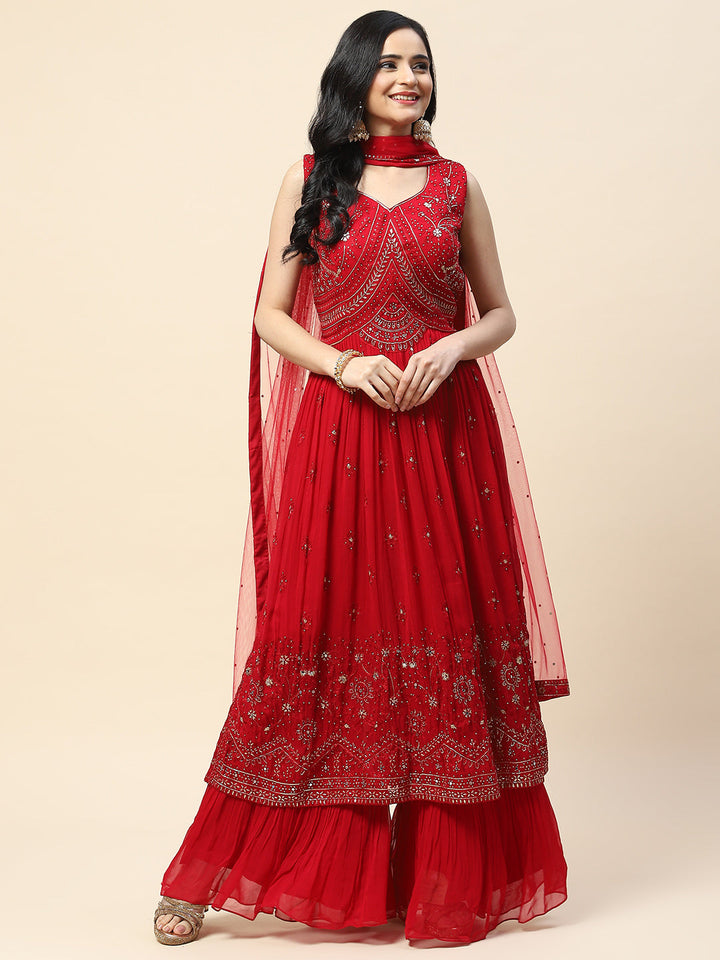 Resham Booti Embroidered Georgette Kurta With Palazzo &amp; Dupatta