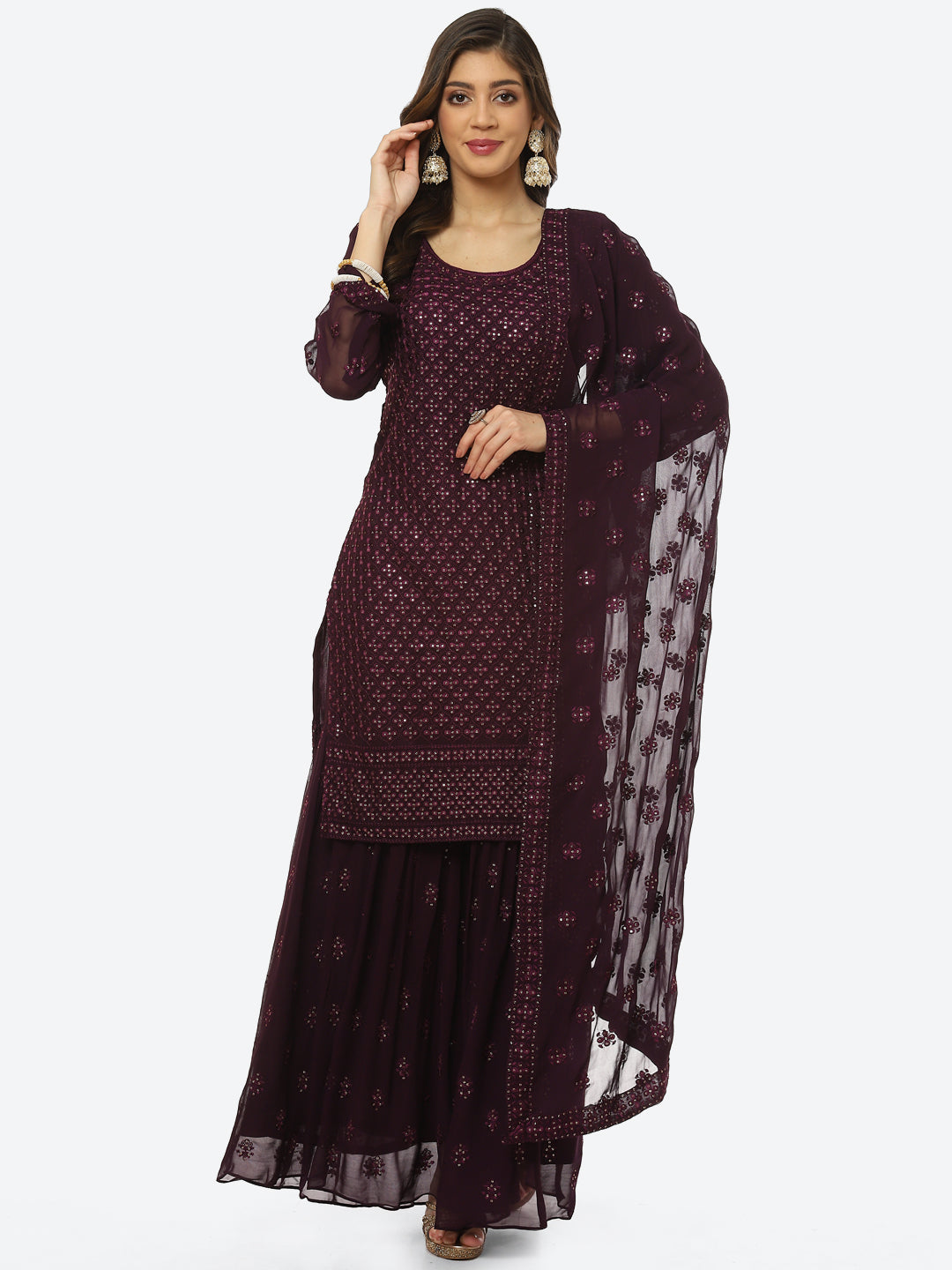 Resham Sequin Booti Georgette kurti With Garara &amp; Dupatta