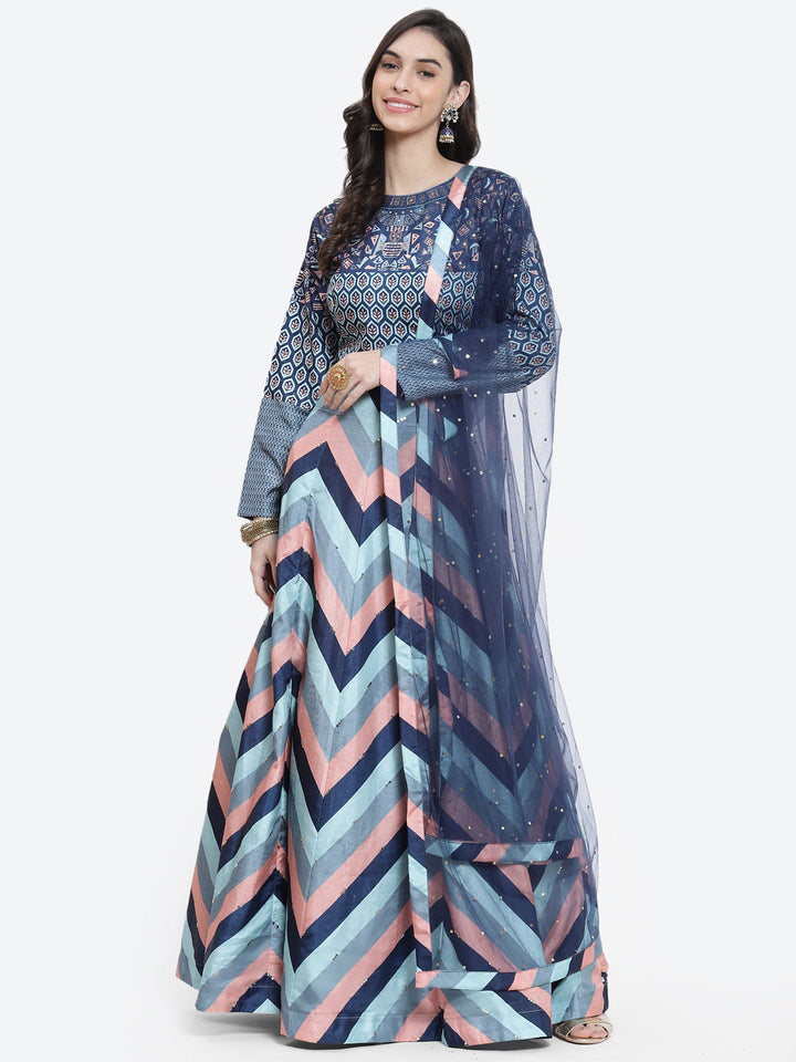 Zig Zag Printed Tussar Lehenga With Choli And Net Dupatta