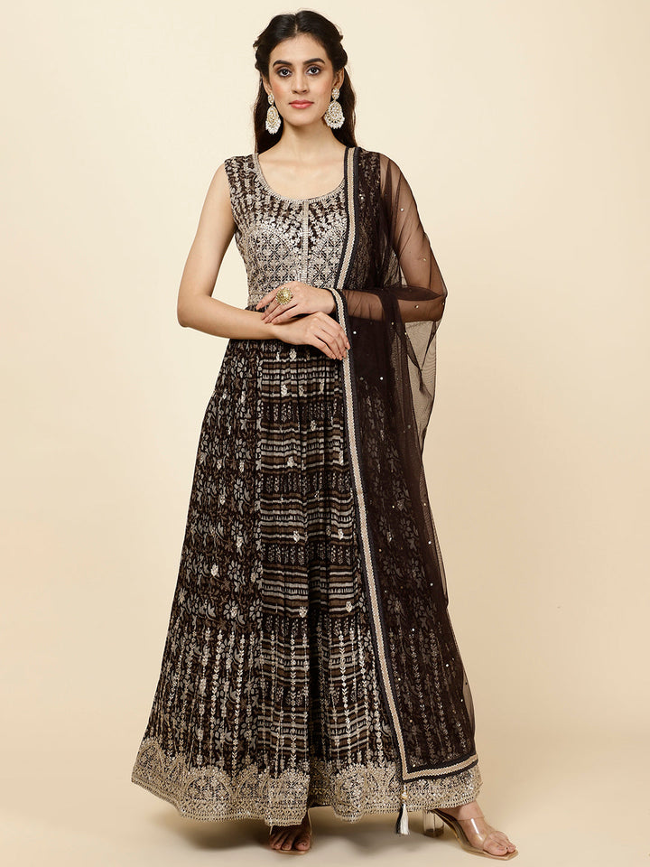Zari Booti Embroidered Crepe Kurta With Churidar &amp; Dupatta
