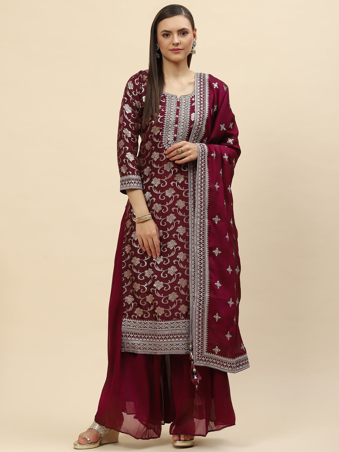 Zari Jaal Handloom Kurta With Palazzo &amp; Dupatta