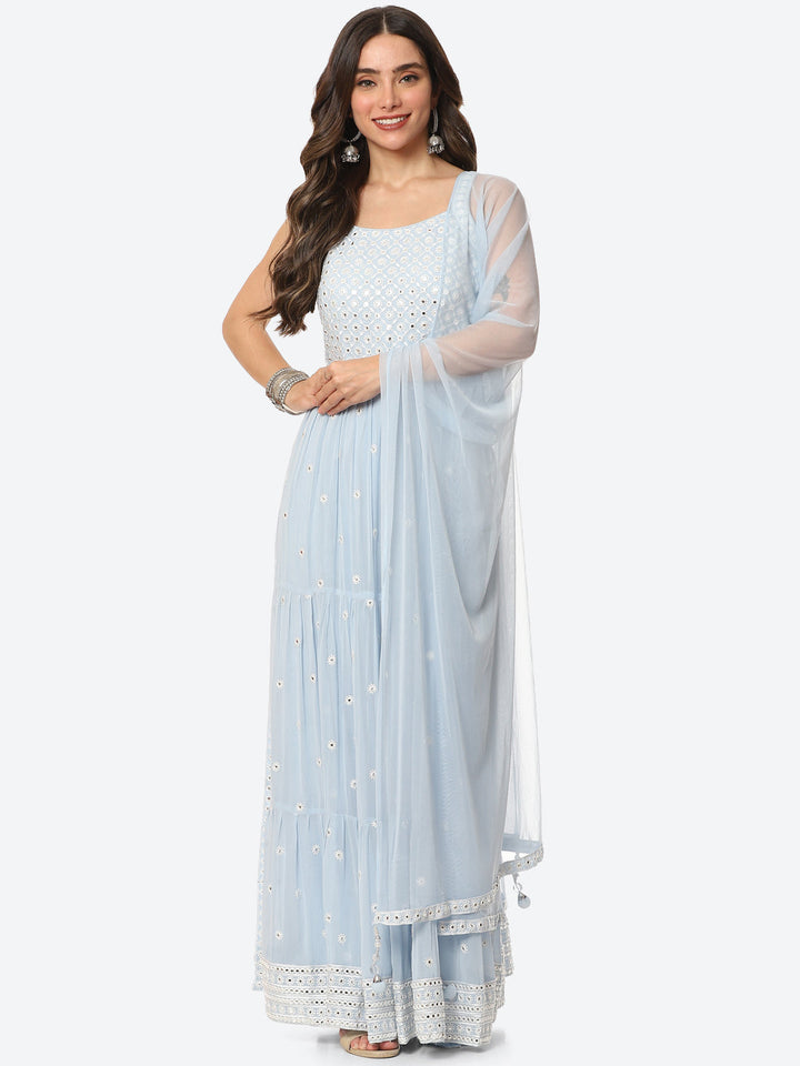 Resham Mirror Georgette Kurta With Palazzo &amp; Net Dupatta